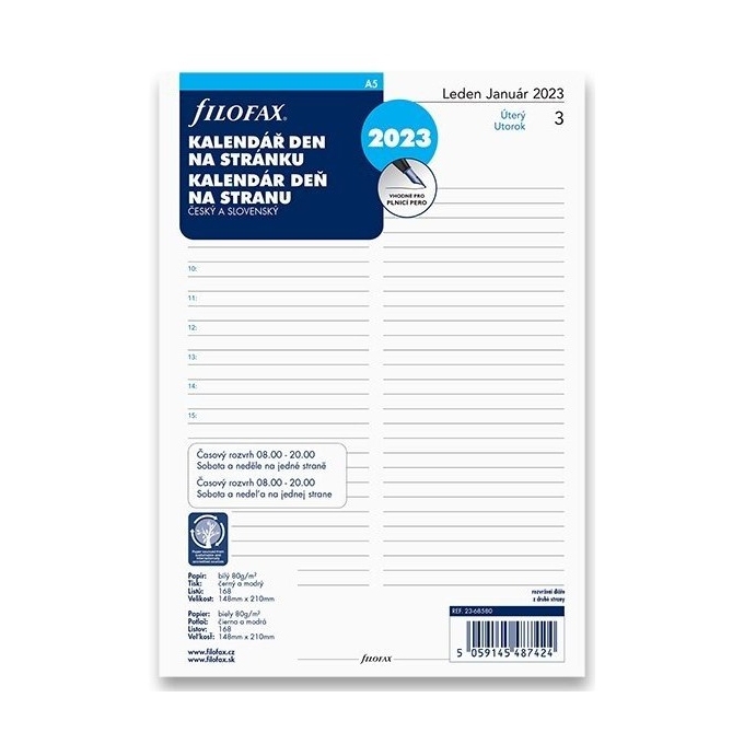 Filofax A5 kalendář 2023 ČJ+SJ den/1 stránka