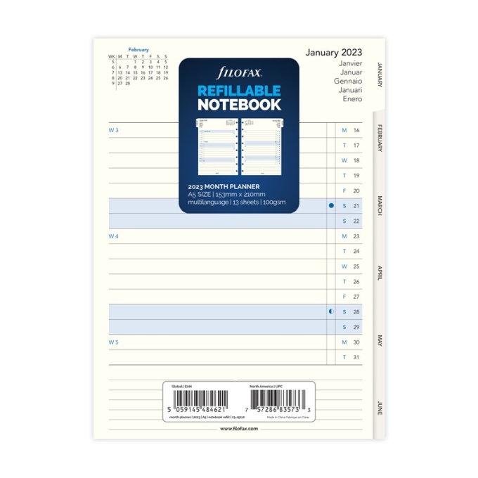 Filofax A5 kalendář 2023 do zápisníků měsíc/2 strany