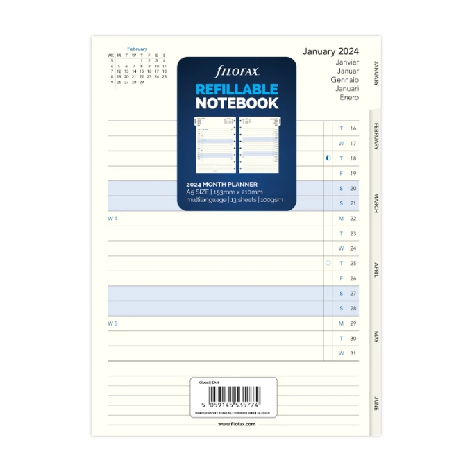 Filofax A5 kalendář 2024 do zápisníků měsíc/2 strany