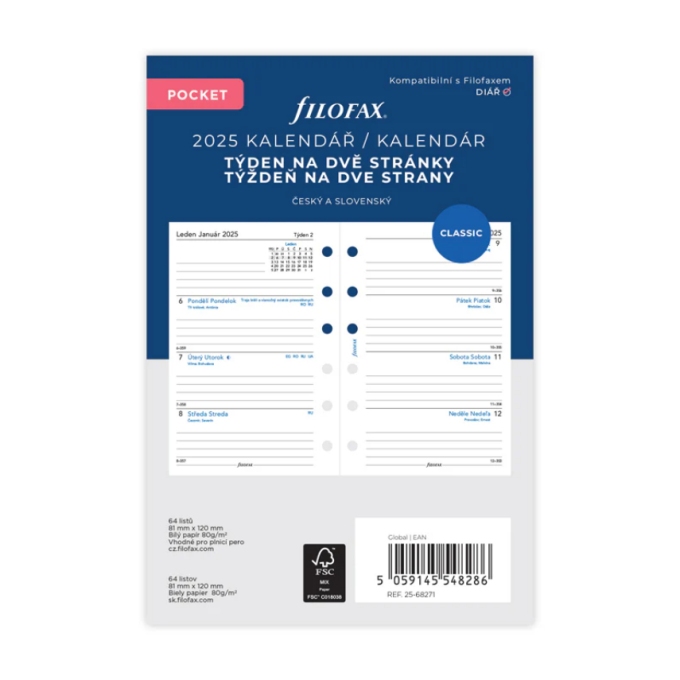 Filofax kalendář kapesní 2025 ČJ+SJ týden/2 stránky